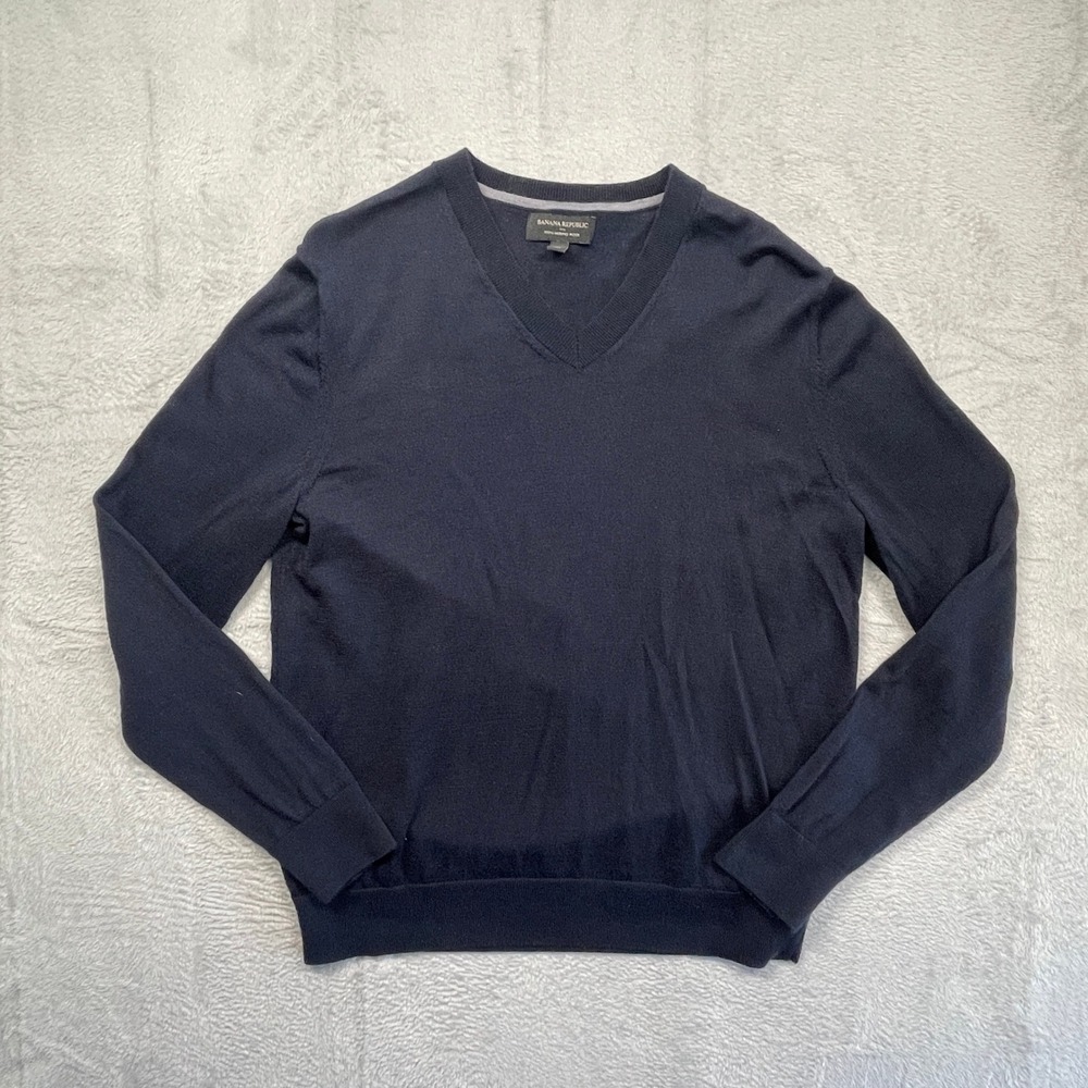 Banana Republic V-Neck Sweater Mens Large Navy Blue 100% Merino Wool Knit